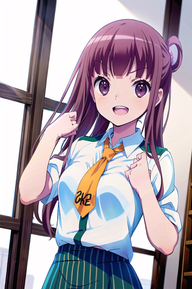 (masterpiece,Best  Quality, High Quality, Best Picture Quality Score: 1.3), (Sharp Picture Quality), Reddish purple hair, long hair, tied hair, Hair tied in a round knot,school uniform, orange tie, white blouse, Skirt with green and black vertical stripes, best smiles, classrooms,alone,Hand clenches fist,