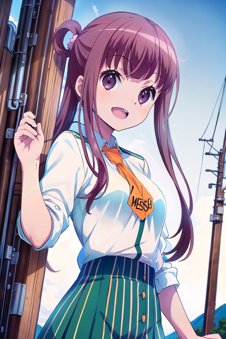 (masterpiece,Best  Quality, High Quality, Best Picture Quality Score: 1.3), (Sharp Picture Quality), Reddish purple hair, long hair, tied hair, Hair tied in a round knot,school uniform, orange tie, white blouse, Skirt with green and black vertical stripes, best smiles, outdoor,alone,Turn diagonal,Beautiful scenery