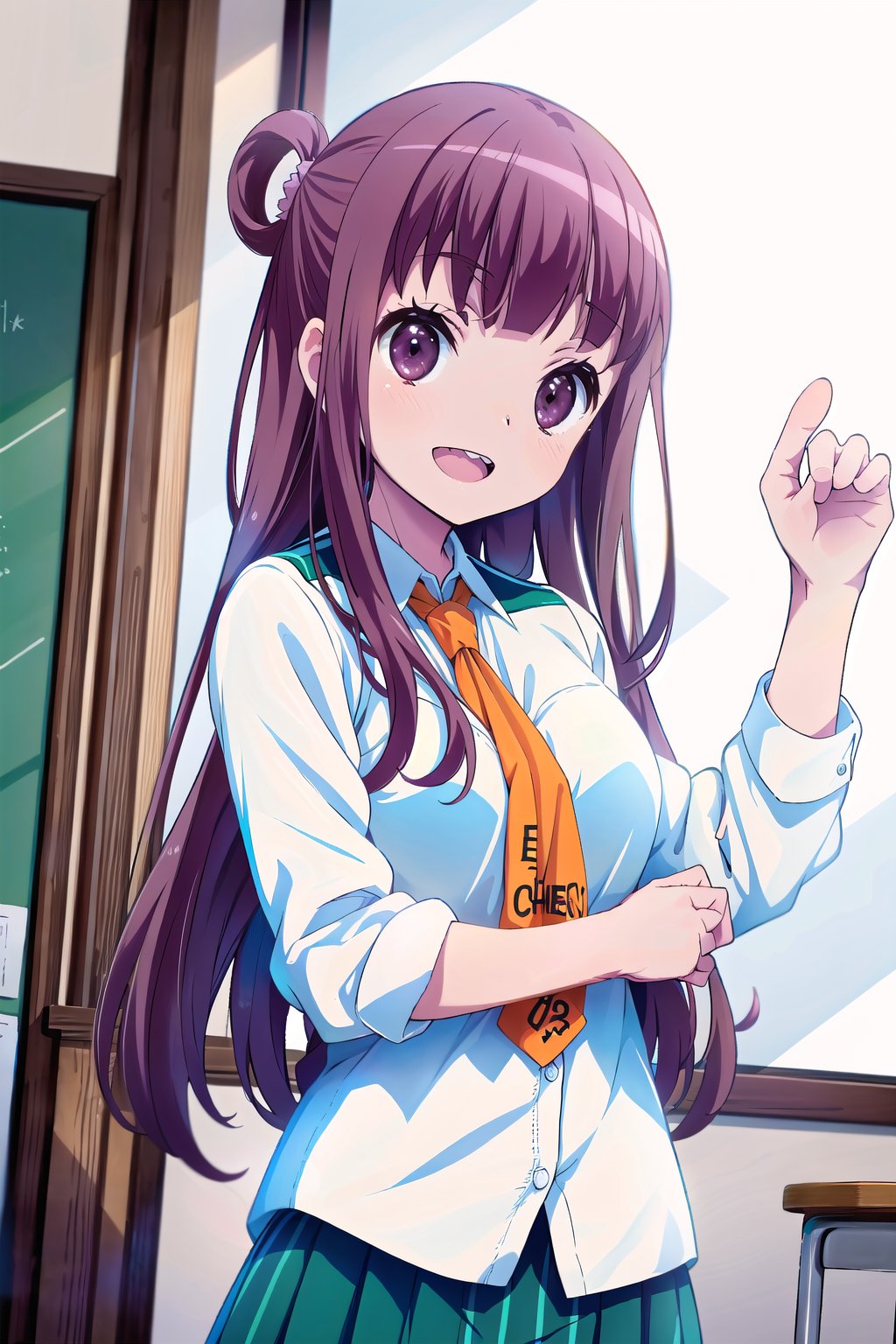 (masterpiece,Best  Quality, High Quality, Best Picture Quality Score: 1.3), (Sharp Picture Quality), Reddish purple hair, long hair, tied hair, Hair tied in a round knot,school uniform, orange tie, white blouse, Skirt with green and black vertical stripes, best smiles, classrooms,alone