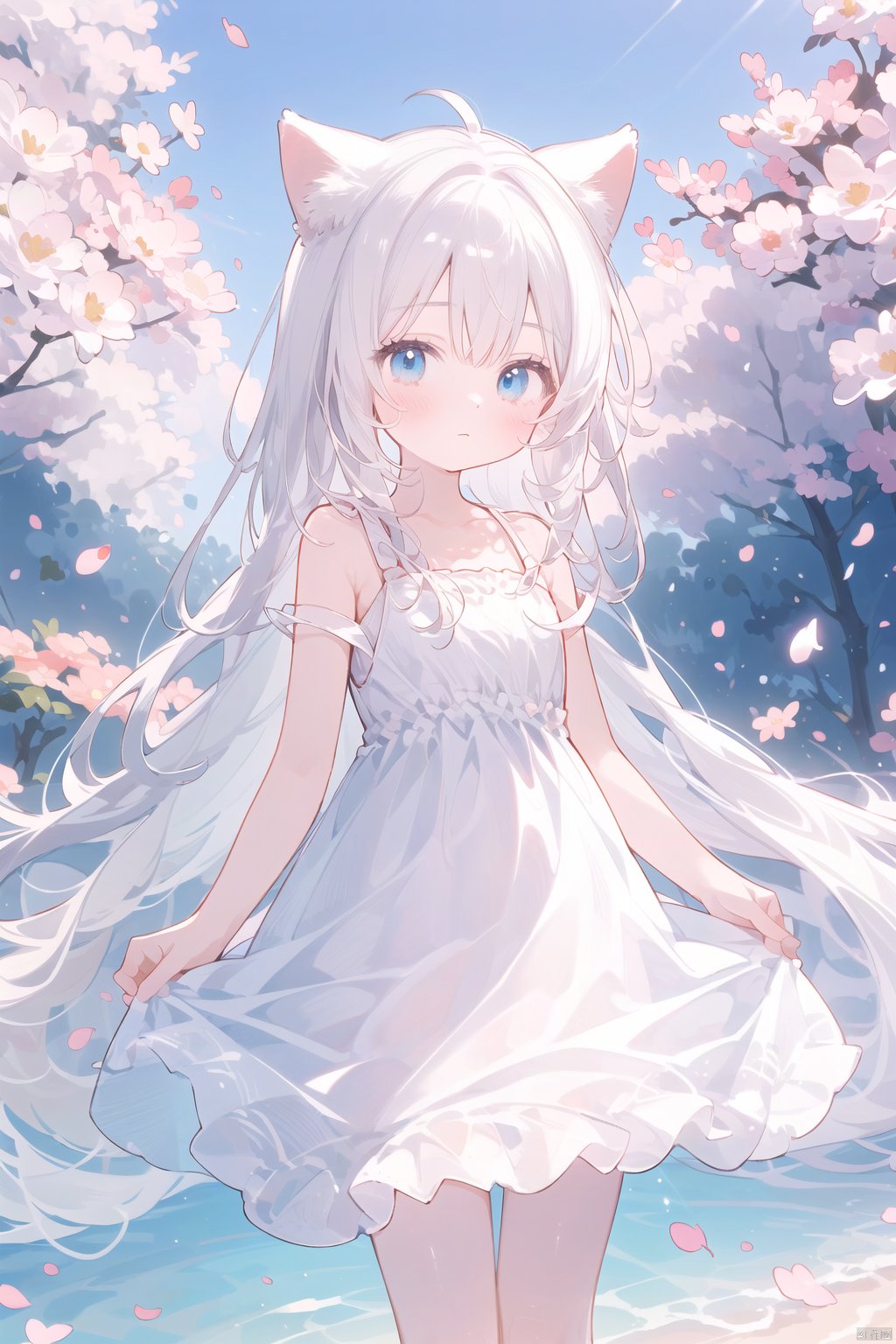 The image features a beautiful anime girl dressed in a flowing white and red dress, standing amidst a flurry of red cherry blossoms. The contrast between her white dress and the red flowers creates a striking visual effect. The lighting in the image is well-balanced, casting a warm glow on the girl and the surrounding flowers. The colors are vibrant and vivid, with the red cherry blossoms standing out against the white sky. The overall style of the image is dreamy and romantic, perfect for a piece of anime artwork. The quality of the image is excellent, with clear details and sharp focus. The girl's dress and the flowers are well-defined, and the background is evenly lit, without any harsh shadows or glare. From a technical standpoint, the image is well-composed, with the girl standing in the center of the frame, surrounded by the blossoms. The use of negative space in the background helps to draw the viewer's attention to the girl and the flowers. The cherry blossoms, often associated with transience and beauty, further reinforce this theme. The girl, lost in her thoughts, seems to be contemplating the fleeting nature of beauty and the passage of time. Overall, this is an impressive image that showcases the photographer's skill in capturing the essence of a scene, as well as their ability to create a compelling narrative through their art.catgirl,loli,catgirl,white hair,blue eyes,