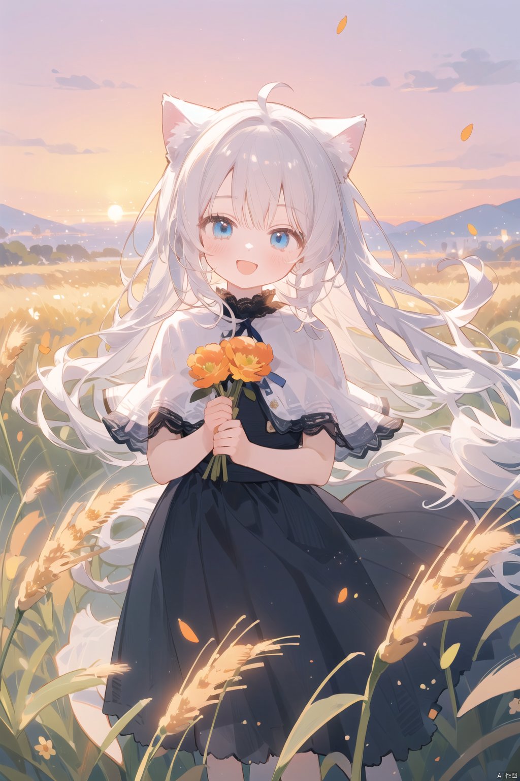 (drawn by Lynn Okamoto),center frame, sharp focus, (panorama, wide shot), best quality, masterpiece, extremely detailed, detailed background, (from above:1.2), 1girl, catgirl,solo,loli,blue eyes,white hair, closed eyes, smile, open mouth, skirt, long hair, wavy hair, on side, fluffy hair, , french , blush, smile, capelet, lace trim, bodice, sunset, long dress, dusk, scenery, gold sky, high place, horizon, wheat field, wheat ears, wind, wind blow, looking at viewer, (depth of field), bokeh, (holding a flower:1.3), (holding:1.2),(medium):0.5,
