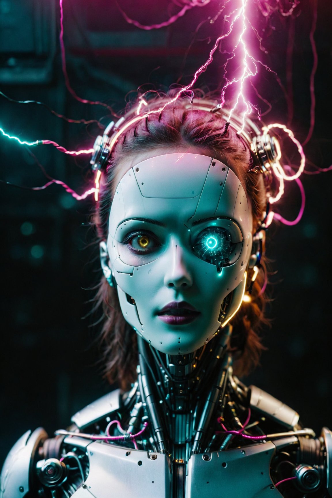 biomechanical style cinematic photo cinematic film still the head of a female cyborg, by Ralph McQuarrie, by Aaron Horkey, neon yellow lightning, neon teal lightning, neon magenta lightning, cables, wires, synthwave, vaporwave, retro futurism, circuitboard, dark futuristic, DonMW15pXL, floating, astral, ziprealism, (masterpiece:1.2), best quality, (hyperdetailed, highest detailed:1.2), high resolution textures, , RAW candid cinema, 16mm, color graded portra 400 film, remarkable color, ultra realistic, textured skin, remarkable detailed pupils, realistic dull skin noise, visible skin detail, skin fuzz, dry skin, shot with cinematic camera . shallow depth of field, vignette, highly detailed, high budget, bokeh, cinemascope, moody, epic, gorgeous, film grain, grainy, 35mm photograph, film, bokeh, professional, 4k, highly detailed . blend of organic and mechanical elements, futuristic, cybernetic, detailed, intricate