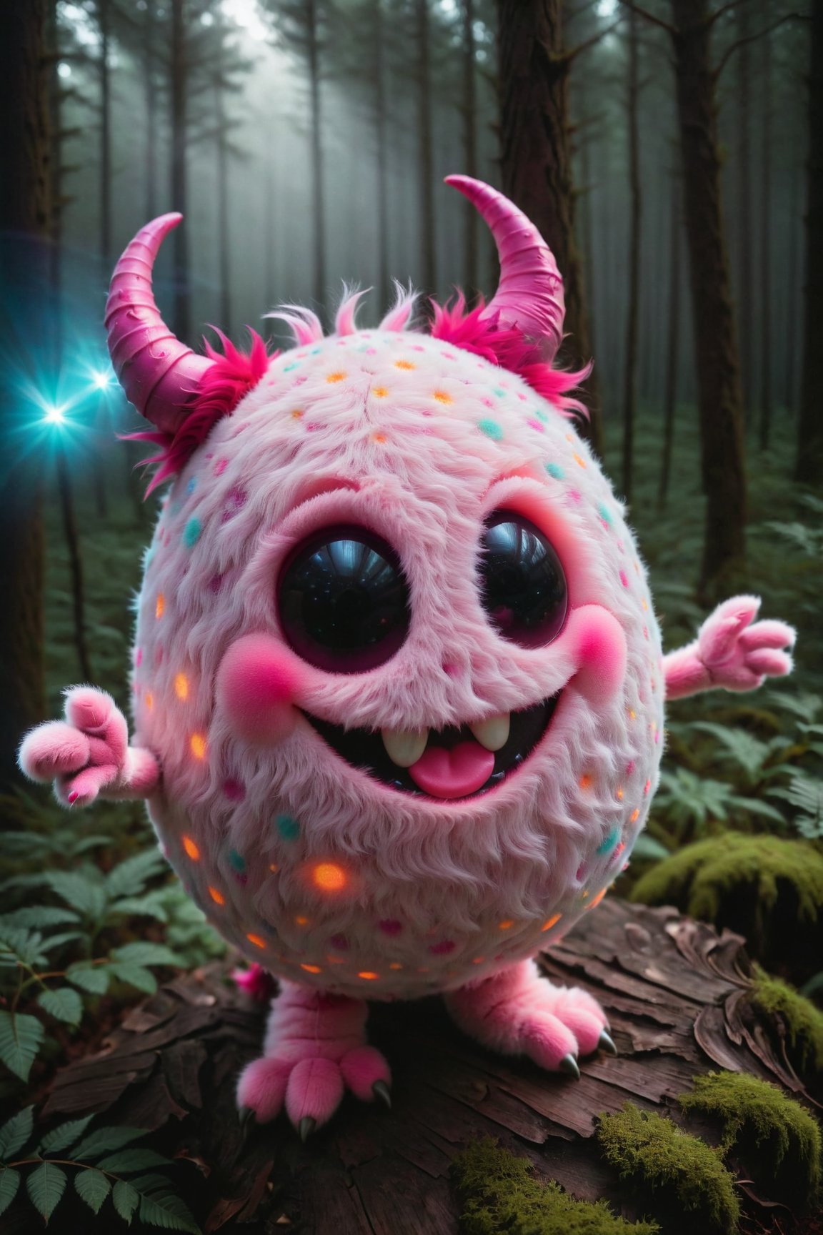 Light Cheery Atmosphere, photograph cinematic still robust bioluminescent vivid adorable cute smiling pink and purple polka-dotted furry egg-shaped mini-monster with furry hands and feet, glowing red eyes, horns, cute long fangs, rainbow wings, in the fabulous night forest, magical radiance, depth of field, realistic, cinematic lighting, soft shadows, asymmetrical fractal, colorful, volumetric lighting, wind, petals falling, moonlight, forest in background . emotional, harmonious, vignette, highly detailed, high budget, bokeh, cinemascope, moody, epic, gorgeous, film grain, grainy, 50mm, cinematic 4k epic detailed 4k epic detailed photograph shot on kodak detailed cinematic hbo dark moody, 35mm photo, grainy, vignette, vintage, Kodachrome, Lomography, stained, highly detailed, found footage, happy, joyful, cheerful, carefree, gleeful, lighthearted, pleasant atmosphere
