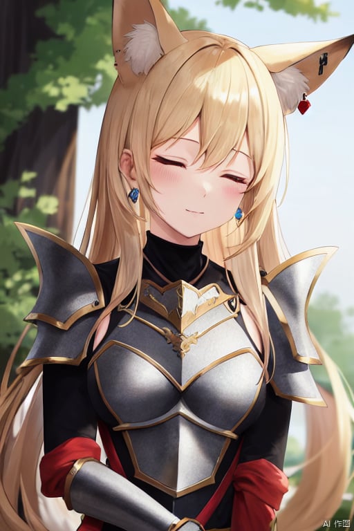 highres, (best quality:1.2), masterpiece, 1girl, animal ears, armor, blonde hair, closed eyes, earrings, extra ears, fox ears, fur trim, jewelry, solo, tree, upper body