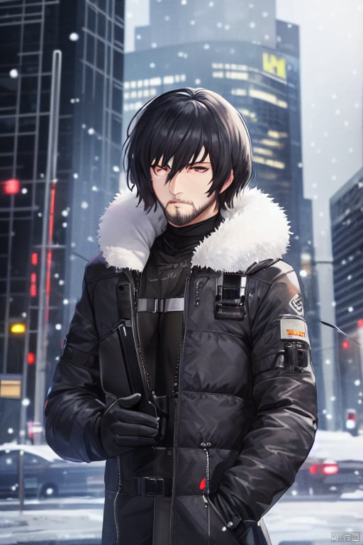 city, cyberpunk, night, skyscraper, fur trim, snowing, hands
1boy, anime, male focus, beard, best quality, black hair, highres, nazipunk, doompunk, biopunk