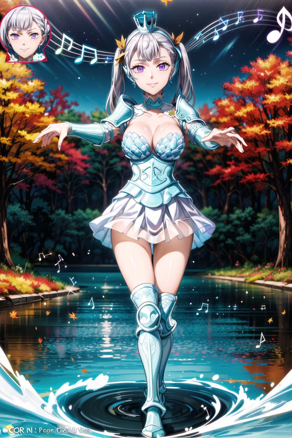 ((best quality)), ((highly detailed)), masterpiece, ((official art)), detailed face, beautiful face, (detailed eyes, deep eyes),(full body),noelle_silva,long hair ,twintails, bangs, earring,silver hair,purple eyes, seductive smile,((water_armor)),(wings),crown, valkyrie, armored dress, angel, tree, sunset,autumn,autumn leaves,((under water:1.3)), night, moon,  volumetric lighting, best quality, masterpiece, intricate details, tonemapping, sharp focus, hyper detailed, trending on Artstation,((zombie walk)), (((musical note, eighth note, beamed eighth notes))),