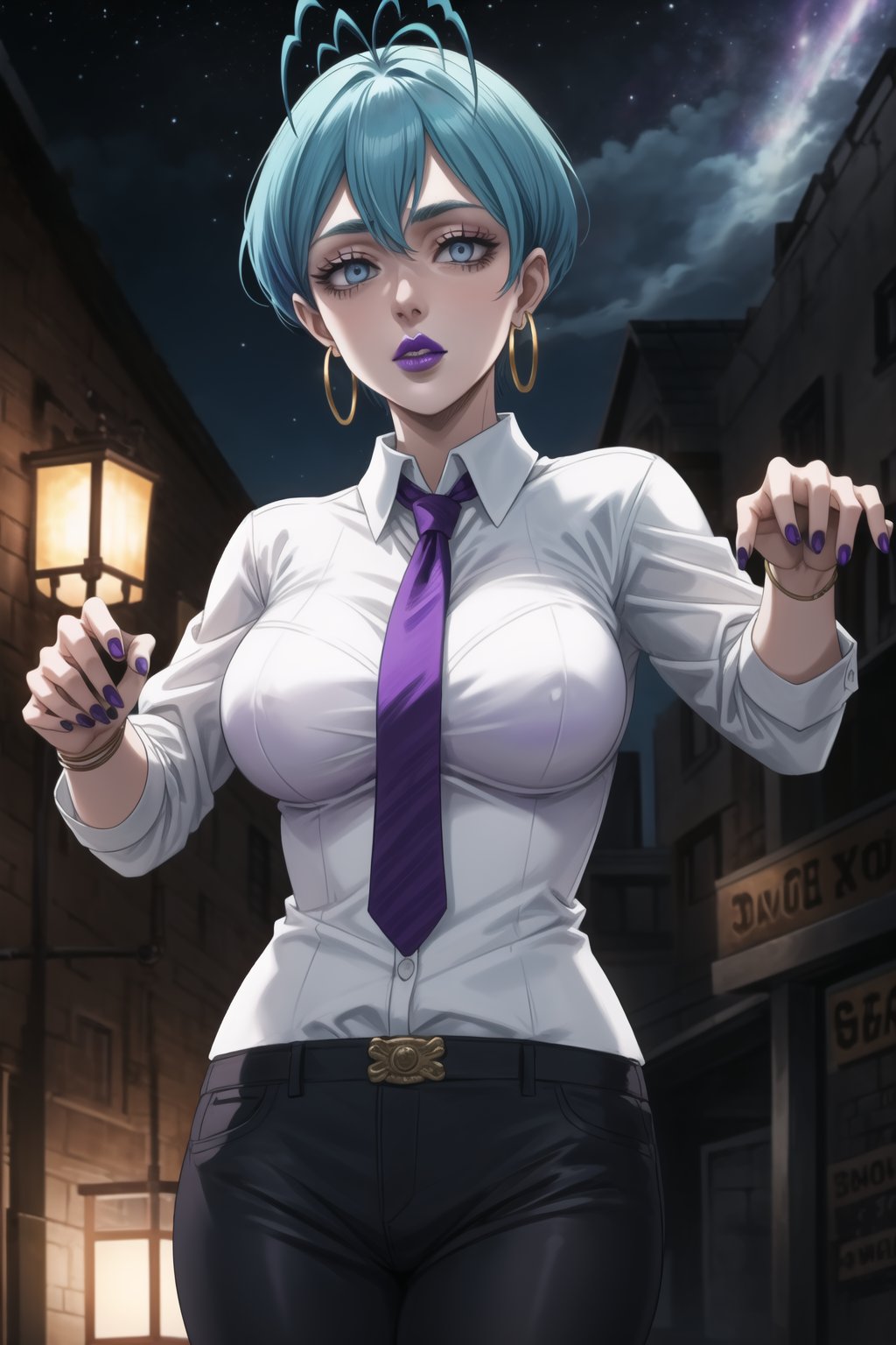 ((best quality)),  ((highly detailed)),  masterpiece,1girl, 1girl, (lips:1.3) (purple lips:1.4),pose:1.2, white shirt, suit, black jacket, black pants, black necktie, large breast, (hoop earrings:1.2), purple nails, looking at viewer, standing, cowboy shot, bar,outdoor,lamp,nigth,space, alcohol, purple nails, wristband,, Grey, 1girl, short hair, blue eyes, antenna hair, ligth blue hair,Grey,zombie walk