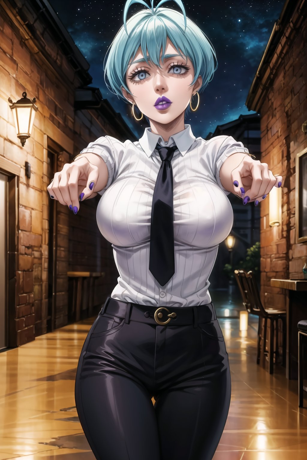 ((best quality)),  ((highly detailed)),  masterpiece,1girl, 1girl, (lips:1.3) (purple lips:1.4),pose:1.2, white shirt, suit, black jacket, black pants, black necktie, large breast, (hoop earrings:1.2), purple nails, looking at viewer, standing, cowboy shot, bar,outdoor,lamp,nigth,space, alcohol, purple nails, wristband,, Grey, 1girl, short hair, blue eyes, antenna hair, ligth blue hair,Grey,zombie walk