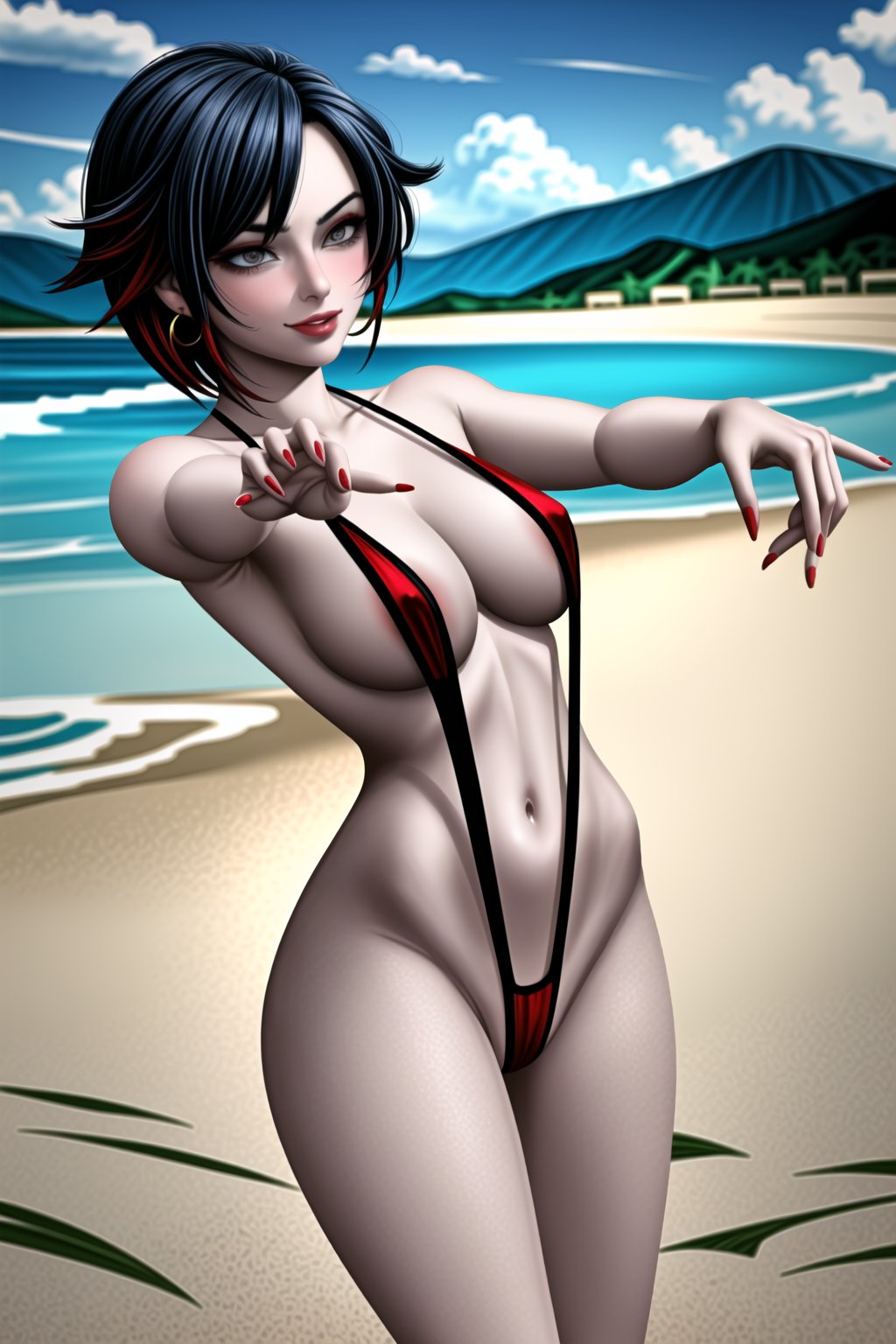 ((best quality)),  ((highly detailed)),  masterpiece,1girl, 1girl,  evil smile:1.2, smug, seductive smile, solo, ,lips, makeup, (aroused), blush ,standing, (hoop earrings:1.2),  blush,fingernails, beach, sand, water, outdoors, ((ruby rose)),slingshot swimsuit, leobikini,((zombie walk)),<lora:659111690174031528:1.0>