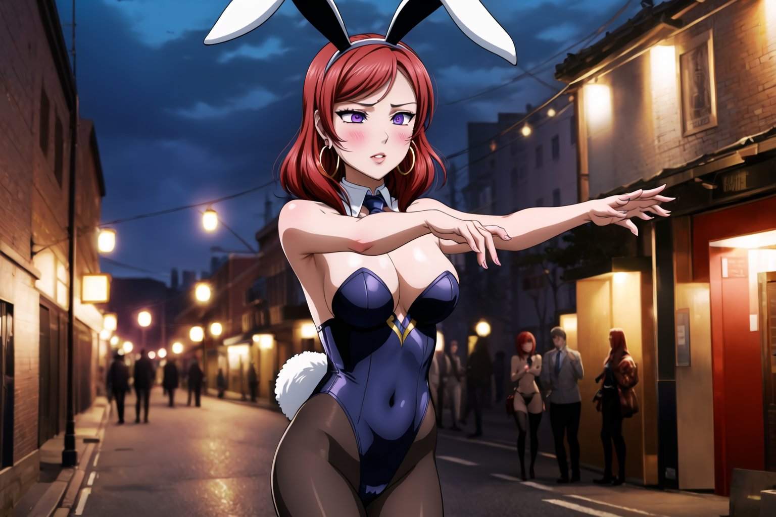 ((best quality)),  ((highly detailed)), masterpiece,1girl, 1girl,  blush, parted lips, expressionless, solo, ,lips, makeup, (aroused), blush ,standing, (hoop earrings:1.2),  blush, outdoors, nishikino maki, red hair, short hair, purple eyes, playboy_bunny_leotard,bunny_suit, leotardo, pantyhose, necktie, bar, nigth club, outdoors, nigth,((zombie walk))