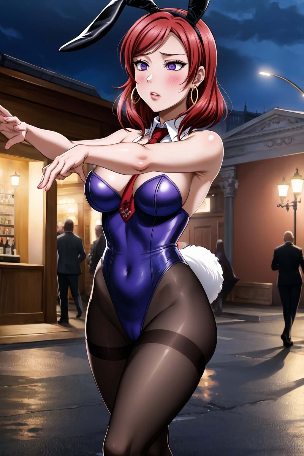 ((best quality)),  ((highly detailed)), masterpiece,1girl, 1girl,  blush, parted lips, expressionless, solo, ,lips, makeup, (aroused), blush ,standing, (hoop earrings:1.2),  blush, outdoors, nishikino maki, red hair, short hair, purple eyes, playboy_bunny_leotard,bunny_suit, leotardo, pantyhose, necktie, bar, nigth club, outdoors, nigth,((zombie walk))