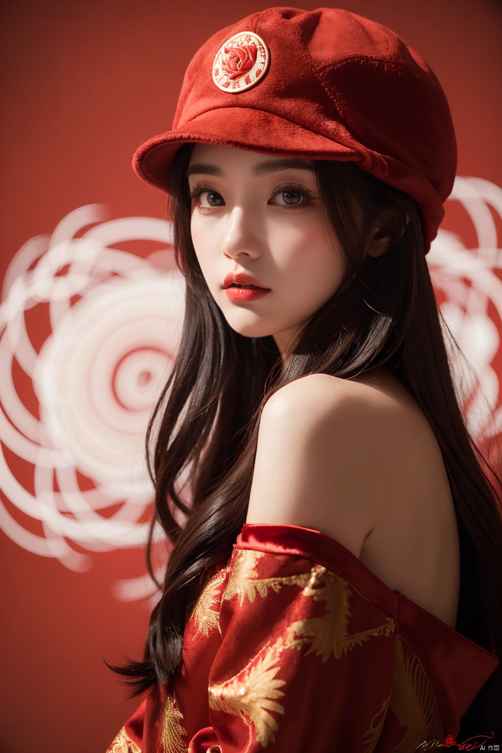 masterpiece, best quality, 1girl, red background, black hair, Long curly hair, face front, ((red fashion silk lone costume with red swirling vortexes pattern)), ((Red Plush Fur Hat)), emotional face, (close up portrait), make up, studio light, studio