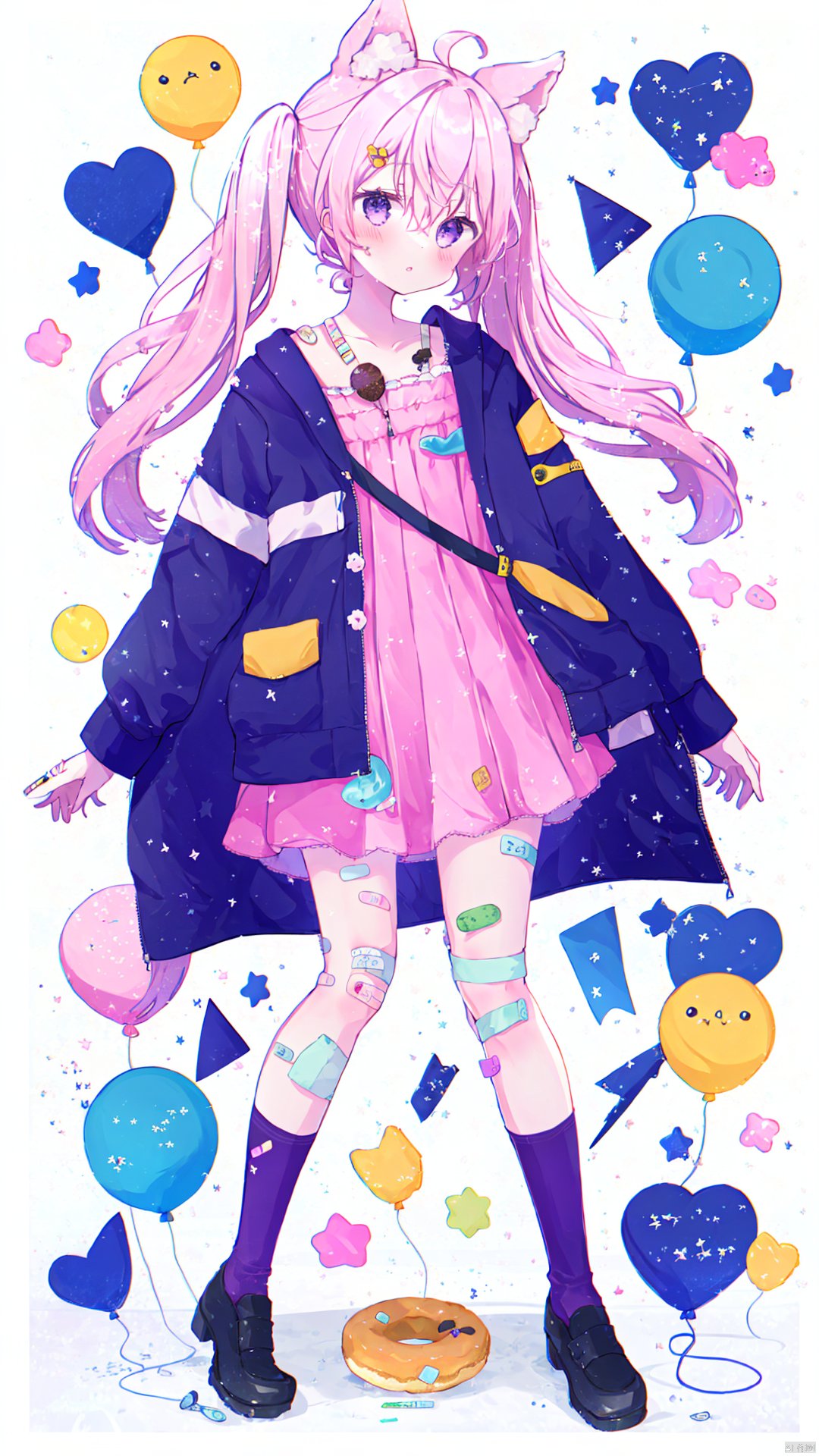 solo, scissors, 1girl, doughnut, jacket, food, shoes, animal ears, ice cream, open jacket, knees up, long hair, bangs, socks, very long hair, white socks, twintails, purple jacket, bandaid, open clothes, handcuffs, hair ornament, hair between eyes, blush, balloon, animal ear fluff, full body, low twintails, white background, looking at viewer, purple eyes, purple dress, ice cream cone, dress, bandaid on leg, parted lips, cuffs, fruit, pink hair, long sleeves