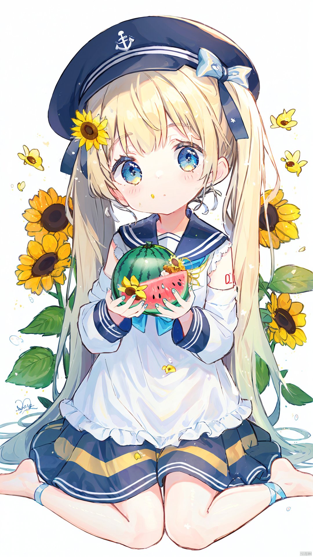 1girl, sailor dress, food, twintails, dress, flower, sunflower, white dress, hatsune miku, chibi, blue sailor collar, solo, watermelon, holding food, hat, sailor collar, white background, very long hair, fruit, bow, holding, long hair, striped bow, sitting, bug, yellow flower, blush stickers, sleeveless dress, sleeveless, barefoot, animal, closed mouth, bangs, blue eyes, blue bow, striped, hair bow, white headwear, simple background, plate, signature