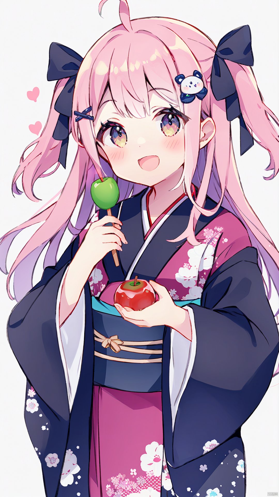 1girl, food, japanese clothes, pink hair, food-themed hair ornament, kimono, white background, long hair, candy apple, hair ornament, looking at viewer, solo, ahoge, smile, blush, ribbon, simple background, multicolored hair, holding, holding food, open mouth, bangs, two side up, wide sleeves