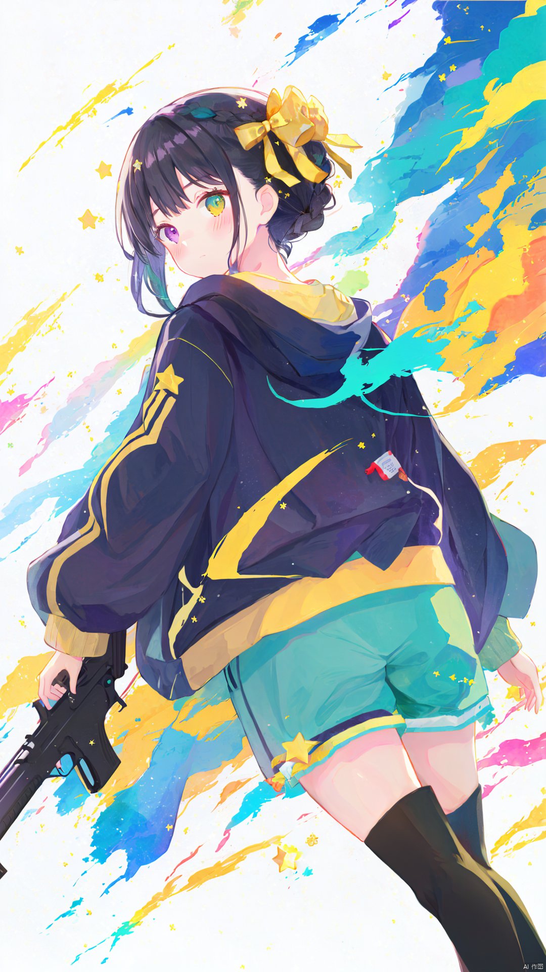 solo, 1girl, holding, weapon, virtual youtuber, looking back, white background, green eyes, looking at viewer, star \(symbol\), gun, holding weapon, bow, hair bow, long sleeves, heterochromia, from behind, hair bun, jacket, bangs, holding gun, blush, energy gun, braid, simple background, shorts, cone hair bun, sleeves past wrists, closed mouth, frills