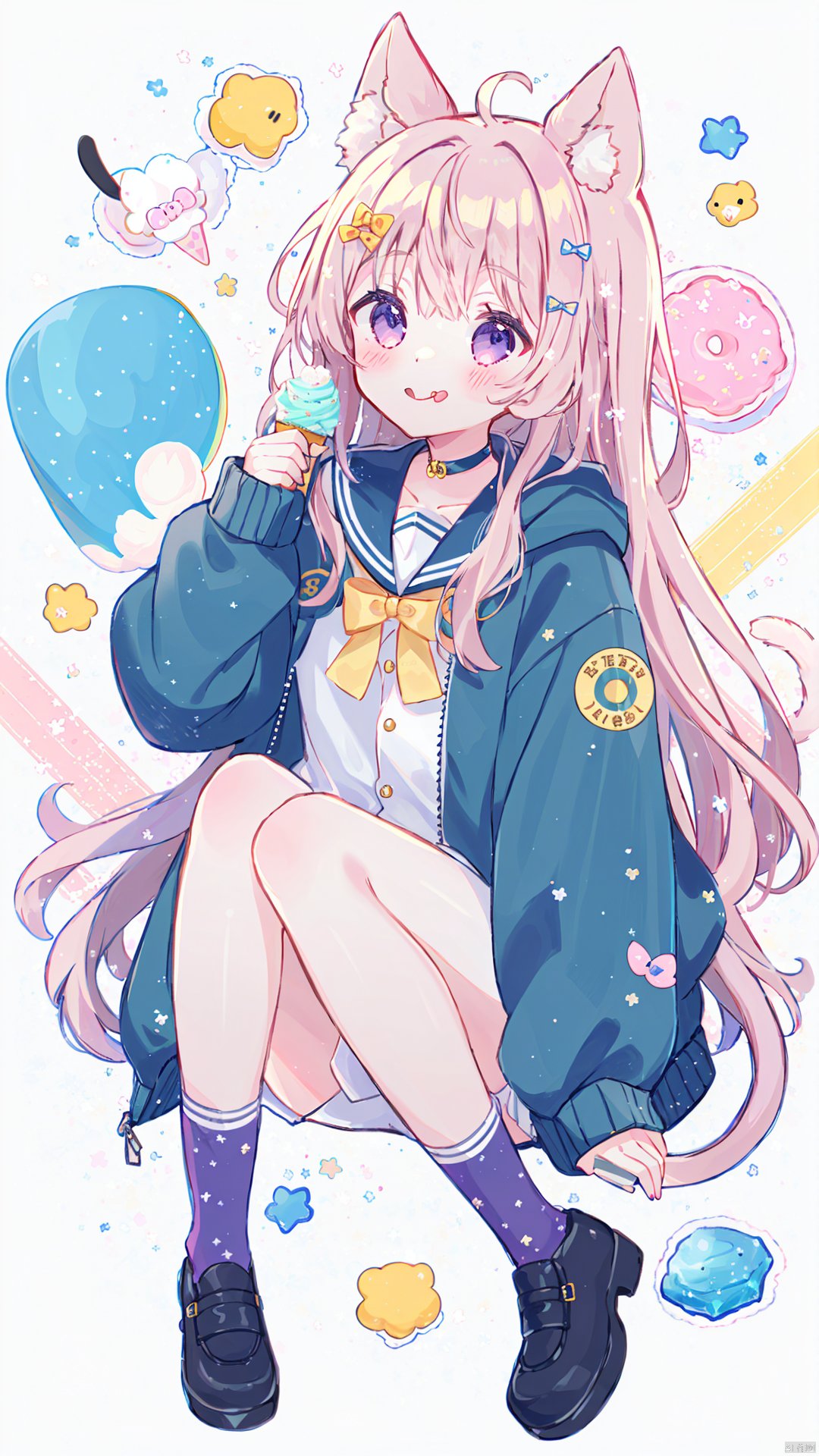 1girl, animal ears, doughnut, food, tongue out, socks, jacket, open jacket, open clothes, sleeves past wrists, solo, tongue, long hair, animal ear fluff, closed mouth, bow, long sleeves, white socks, very long hair, tail, shoes, black footwear, ice cream cone, dress, blush, ice cream, bangs, cat ears, blue sailor collar, flower, sailor collar, puffy long sleeves, puffy sleeves, pink flower, knees up, smile, hooded jacket, purple eyes, cup, cat tail, blue choker, hair bow, sailor dress, white background, mouse \(computer\), cat girl, blue bow, hand up