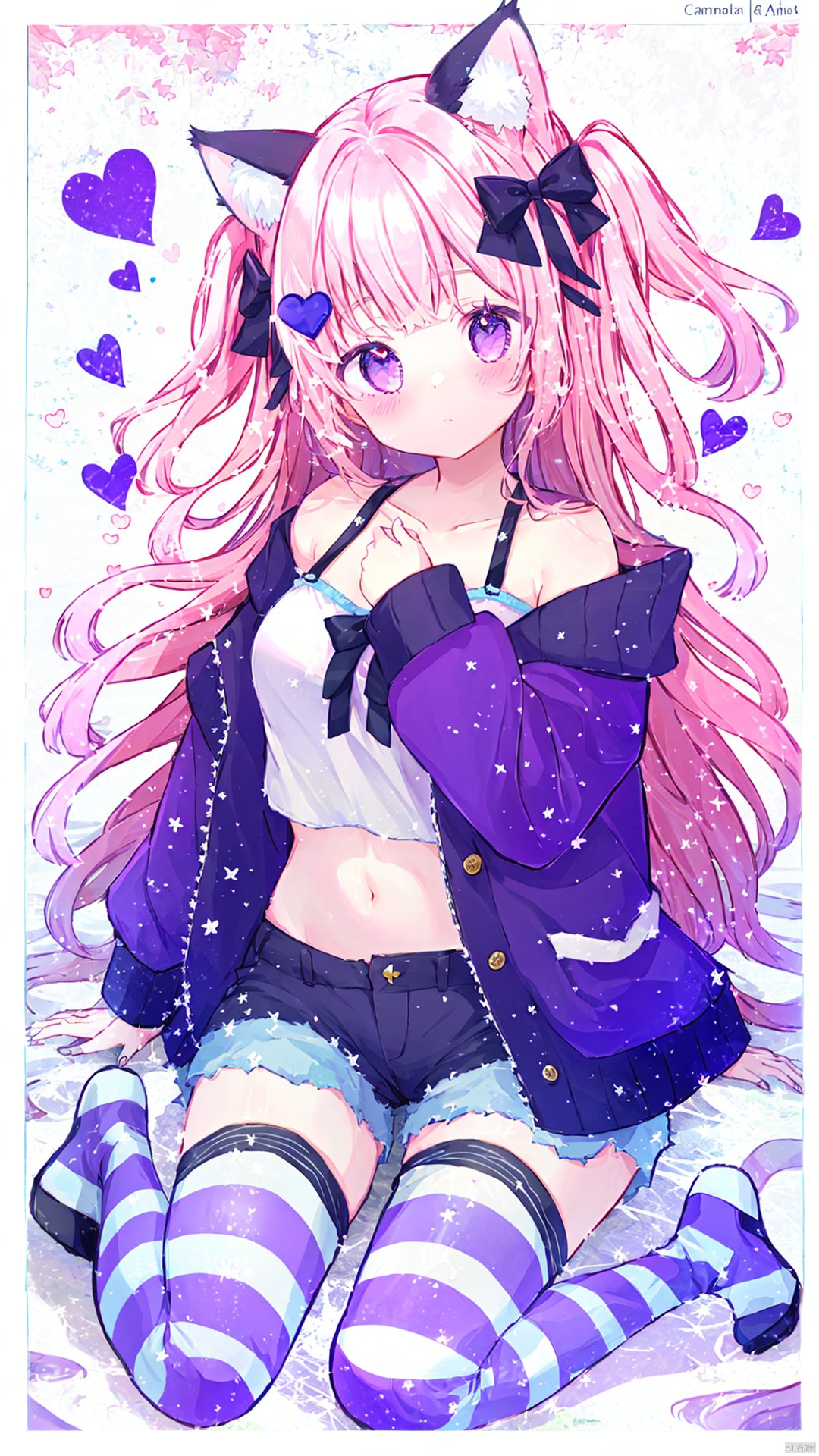 1girl, solo, animal ears, thighhighs, striped, pink hair, striped thighhighs, long hair, bow, jacket, navel, purple bow, purple eyes, short shorts, camisole, off shoulder, shorts, two side up, heart hair ornament, long sleeves, animal, white shorts, very long hair, blush, white camisole, looking at viewer, hair ornament, hair bow, no shoes, heart, purple jacket, midriff, cat ears, polka dot, bangs, puffy long sleeves, crop top, full body