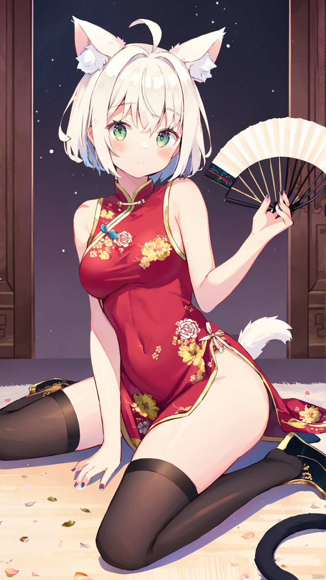 1girl, solo, animal ears, dress, chinese clothes, thighhighs, green eyes, red dress, china dress, tail, cat ears, breasts, extra ears, sitting, see-through, holding, cat tail, short hair, wariza, hand fan, white thighhighs, looking at viewer, black footwear, folding fan, ahoge, no panties, sleeveless, sleeveless dress, white hair, red nails, animal ear fluff, thighs, covered navel, detached sleeves, holding fan, blush, full body, nail polish, cat girl, medium breasts, closed mouth, floral print, hair intakes, bare shoulders, bangs