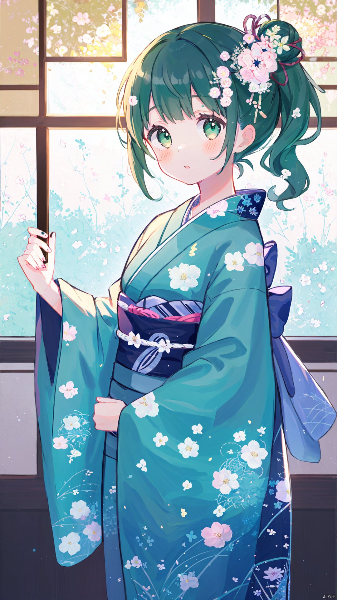 1girl, solo, egasumi, kimono, hair ornament, japanese clothes, green hair, blush, flower, green eyes, hair flower, obi, long sleeves, looking at viewer, sash, bangs, blue kimono, long hair, parted lips, wide sleeves