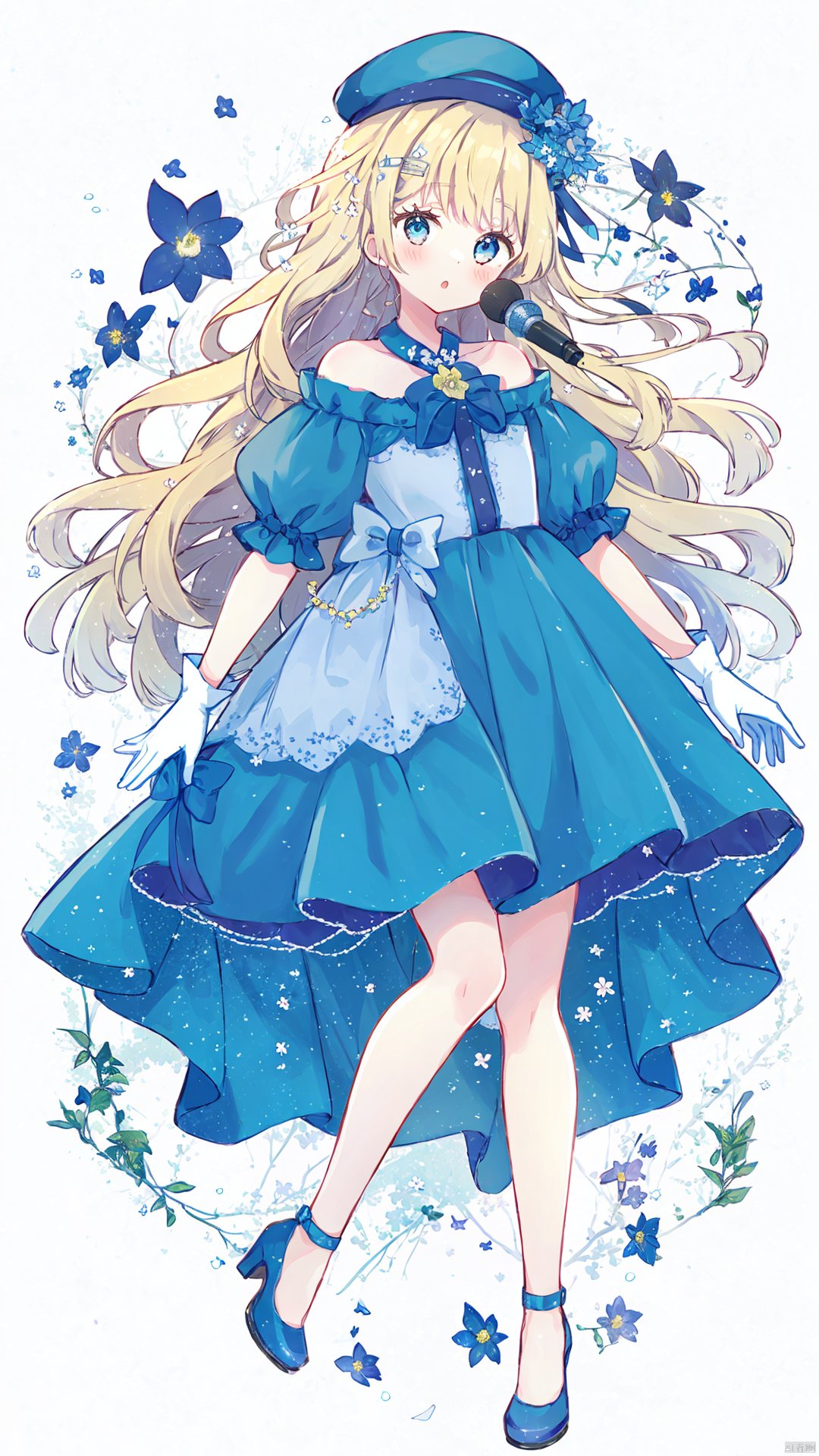 1girl, solo, blue footwear, puffy sleeves, puffy short sleeves, mini crown, blue dress, crown, short sleeves, blonde hair, detached sleeves, dress, holding, very long hair, microphone, gloves, long hair, looking at viewer, bangs, blue eyes, bare shoulders, high heels, holding microphone, blush, shoes, white gloves, blue sleeves, full body, parted lips, blue bow, bow, sheet music, flower, quarter note, blue flower, white background, tilted headwear, :o, beamed eighth notes