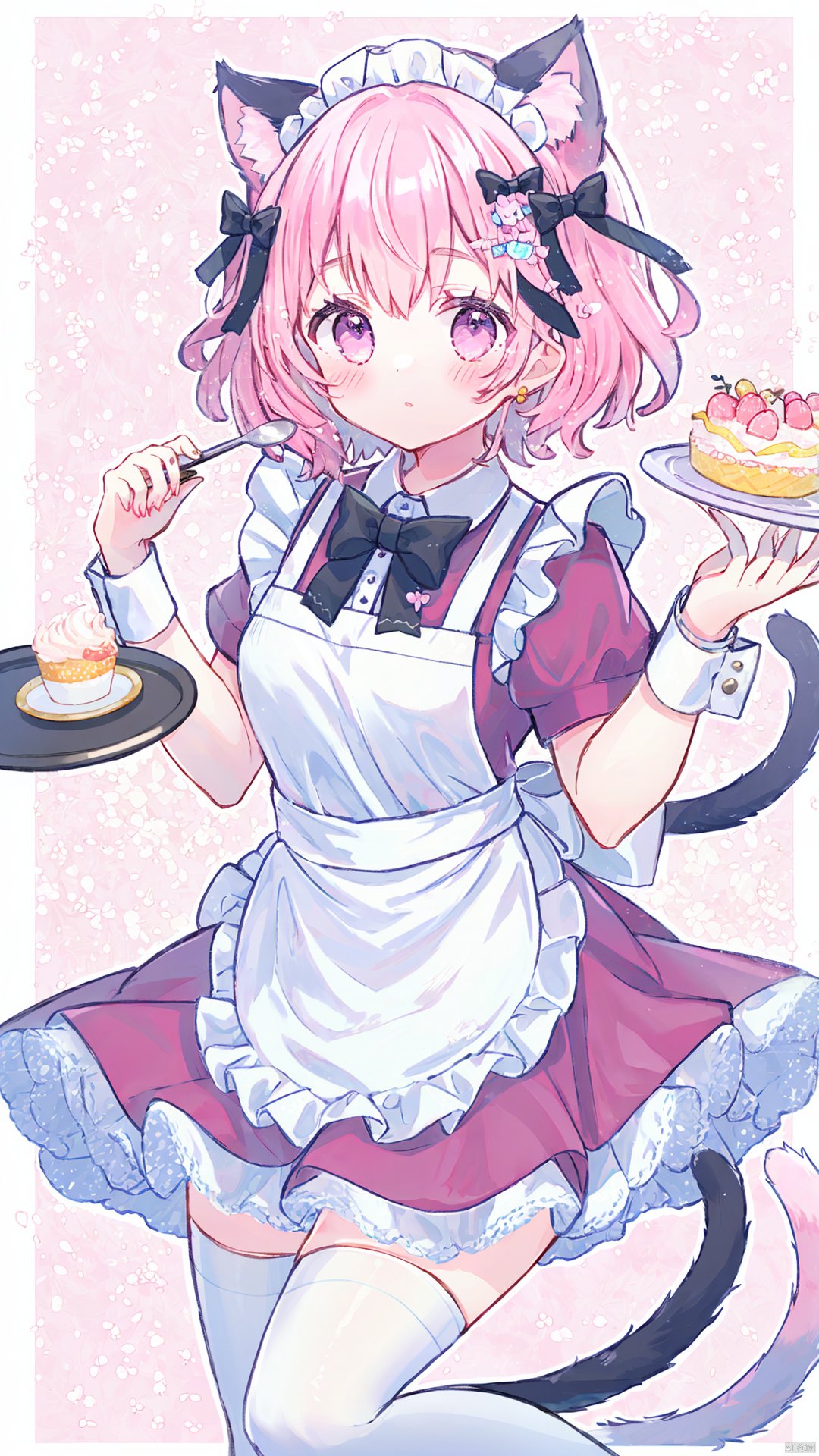 1girl, animal ears, solo, pink hair, dress, apron, tail, cat ears, pink dress, thighhighs, cat tail, maid, wrist cuffs, looking at viewer, hair ornament, pink eyes, blush, bangs, tray, short hair, holding, bow, frilled apron, frills, maid apron, maid headdress, cat girl, short sleeves, pink bowtie, white thighhighs, white apron