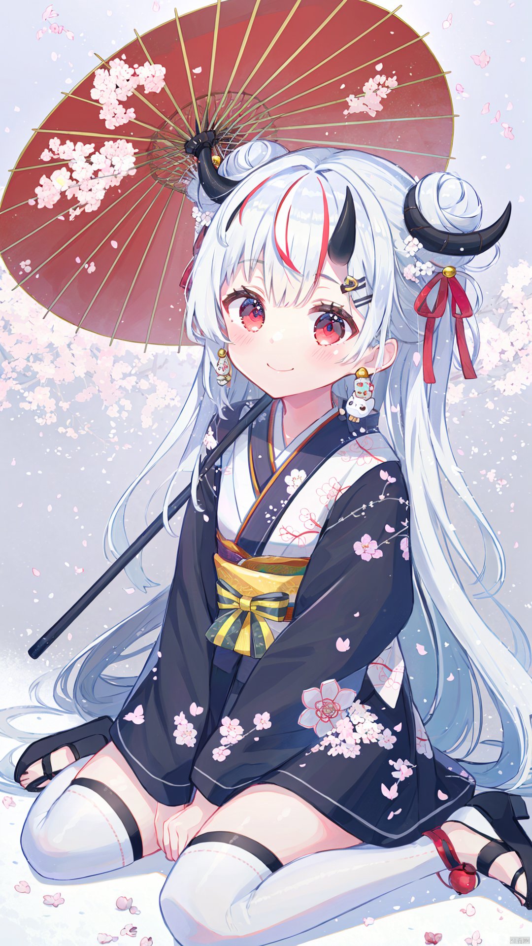 1girl, nakiri ayame, virtual youtuber, double bun, umbrella, mask, multicolored hair, red eyes, smile, horns, red hair, hair bun, solo, oni horns, mask on head, japanese clothes, gradient hair, sitting, hair ornament, oni mask, chibi, oil-paper umbrella, long hair, bell, hair bell, looking at viewer, black kimono, kimono, lantern, streaked hair, wariza, blush, white hair, jingle bell, cherry blossoms, closed mouth, thighhighs, long sleeves