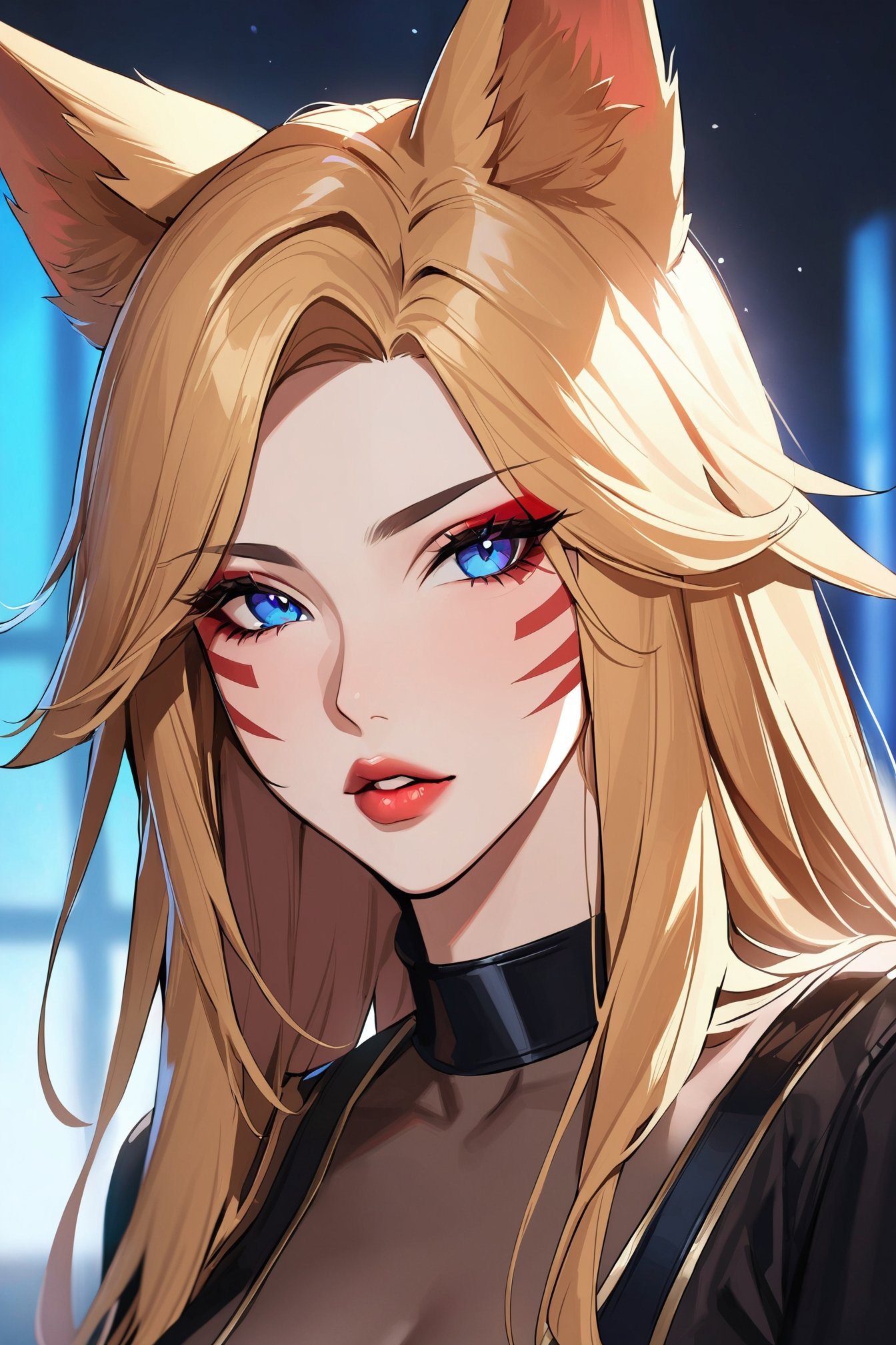 1girl, solo, long hair, looking at viewer, blue eyes, blonde hair, hair ornament, animal ears, parted lips, lips, see-through, fox ears, makeup, facial mark, portrait, eyeshadow, whisker markings, k/da \(league of legends\), ahri \(league of legends\),masterpiece,best quality