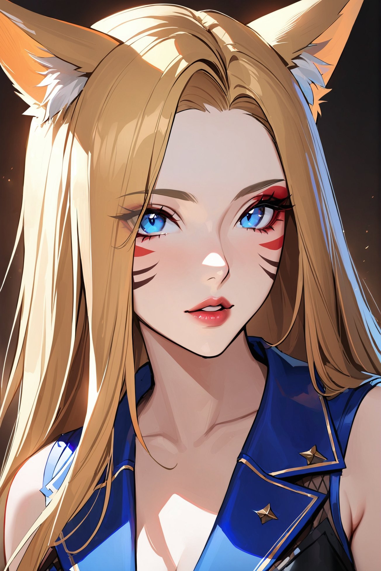 1girl, solo, long hair, looking at viewer, blue eyes, blonde hair, hair ornament, animal ears, parted lips, lips, see-through, fox ears, makeup, facial mark, portrait, eyeshadow, whisker markings, k/da \(league of legends\), ahri \(league of legends\),(masterpiece:1.2),(best quality:1.2)