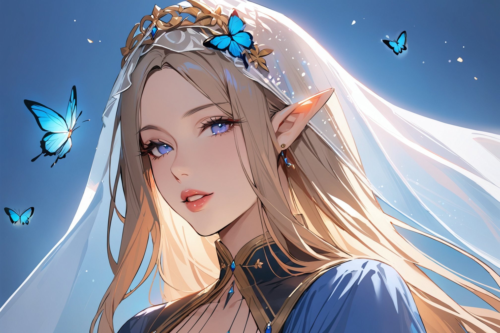 1girl, solo, long hair, blue eyes, parted lips, pointy ears, hood, lips, blue background, bug, butterfly, portrait, veil,(mature female),(masterpiece:1.5),(best quality:1.2),[cute]