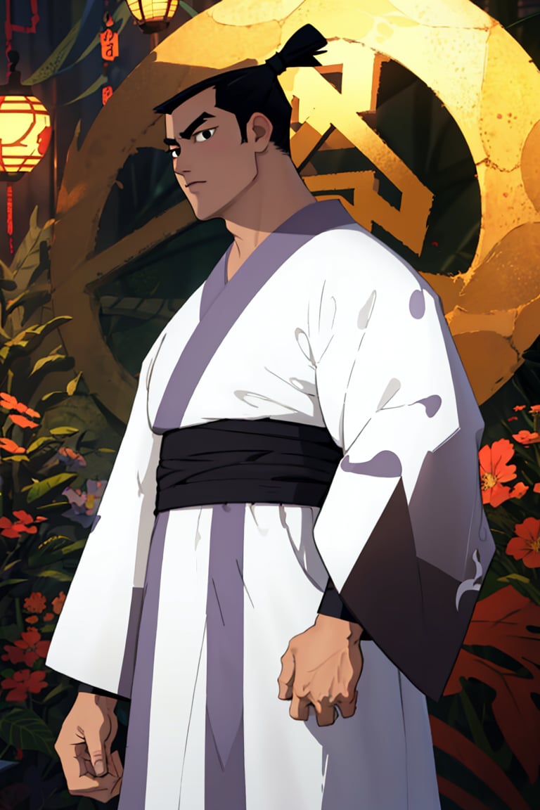 (1 image only), solo male, Samurai Jack, Cartoon Network style, Asian, Japanese, black hair, topknot, black eyes, geta, whire kimono, wide sleeves, mature, handsome, charming, alluring, standing, upper body, perfect anatomy, perfect proportions, (best quality, masterpiece), (perfect eyes), perfect hands, high_resolution, dutch angle, cowboy shot, fine art