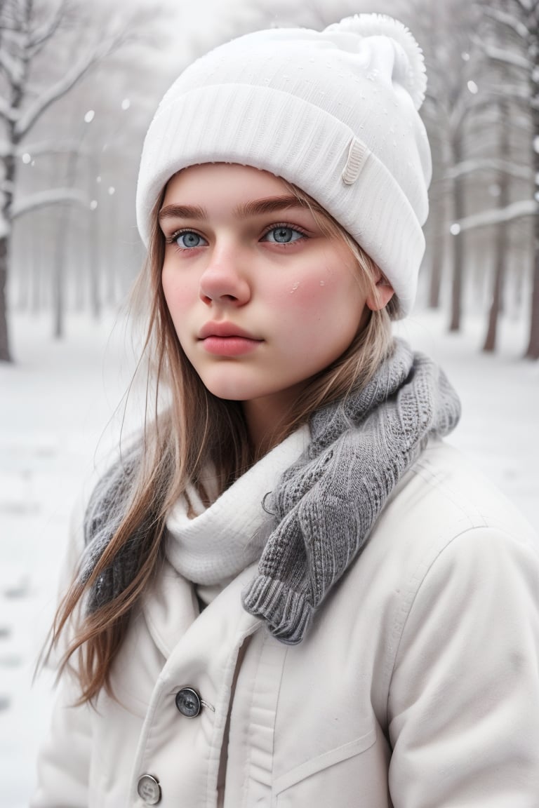 winter, snow, scand1nav1an, 16 year old, realistic skin, detailed eyes, beanie, winter clothing, upper body view, dynamic pose, background the frozen Baltic Sea, 8k uhd, dslr, perfect lighting, high quality, realistic