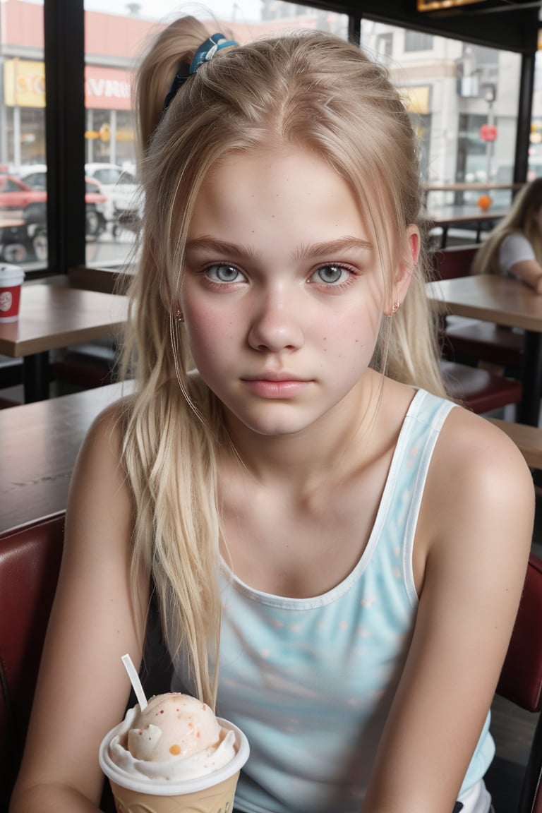 scand1nav1an, 16 year old, blonde, ponytail, from above, realistic skin, detailed eyes, eye contact, kind, loving, tank top, sitting at table, holding soft ice cream, background fast food restaurant, 8k uhd, dslr, perfect lighting, high quality, realistic