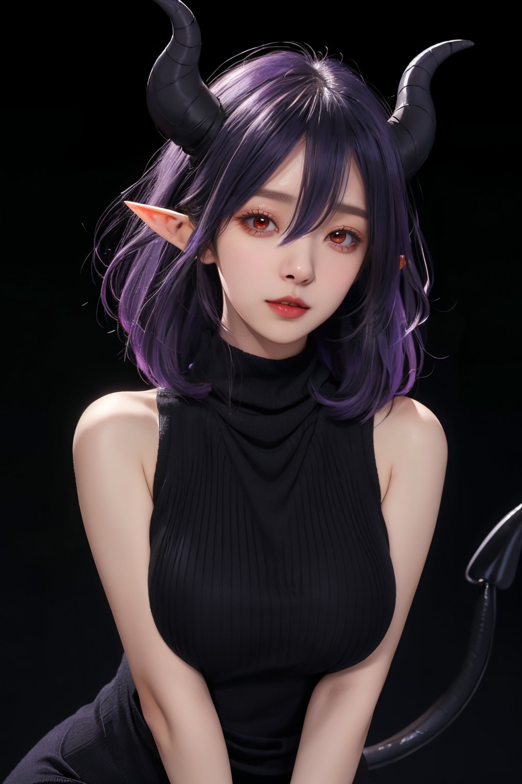 <lora:Vermeil-M1:0.8>,vermeil,1girl,solo,tail,horns,pointy ears,breasts,demon tail,purple hair,demon girl,(virgin killer sweater:1.4),sweater,large breasts,looking at viewer,bare shoulders,meme attire,parted lips,hair between eyes,red eyes,turtleneck,realistic,demon horns,upper body,multicolored hair,gradient hair,(sleeveless dress:1.3),(simple background:1.4),(black background:1.3),