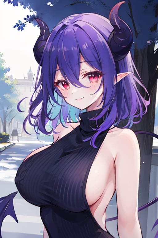 <lora:Vermeil-M1:0.8>,vermeil, 1girl, breasts, horns, solo, red eyes, smile, looking at viewer, outdoors, purple hair, sleeveless, large breasts, hair between eyes, multicolored hair, medium hair, tree, bare shoulders, upper body, blue hair, turtleneck, demon horns, dress, demon girl, closed mouth, day, gradient hair, black dress, bangs, blush, virgin killer sweater