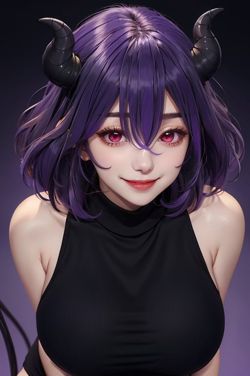 <lora:Vermeil-M1:0.8>,vermeil,1girl,solo,breasts,dress,red eyes,large breasts,demon girl,looking at viewer,short dress,turtleneck,sleeveless,bare shoulders,black dress,hair between eyes,virgin killer sweater,multicolored hair,gradient hair,evil smile,(purple hair:1.2),simple background,