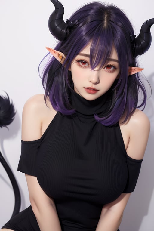 <lora:Vermeil-M1:0.8>,vermeil, 1girl, solo, tail, horns, pointy ears, breasts, demon tail, purple hair, demon girl, virgin killer sweater, sweater, large breasts, looking at viewer, bare shoulders, meme attire, parted lips, hair between eyes, red eyes, turtleneck, realistic, demon horns, upper body, multicolored hair, gradient hair