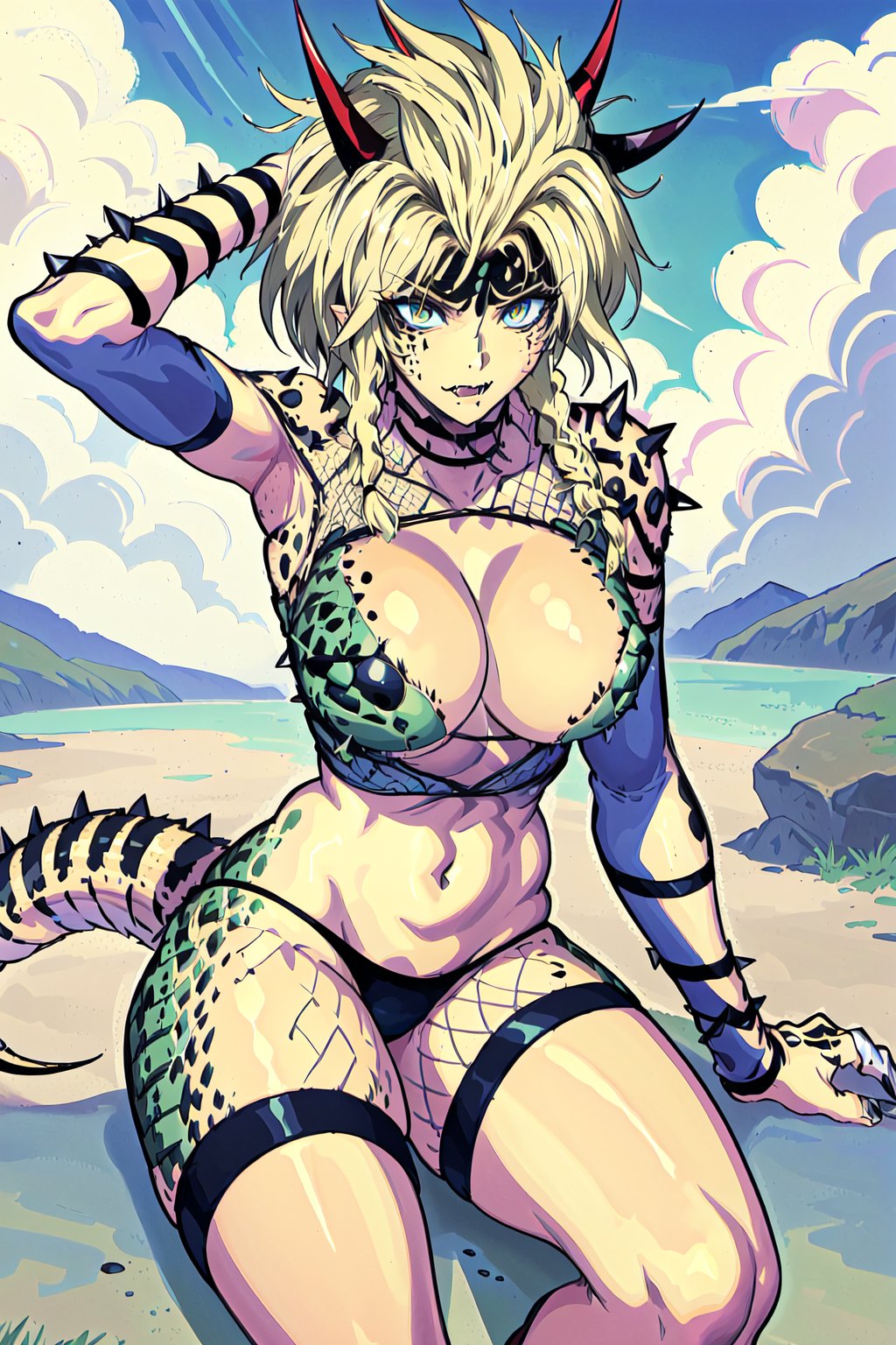 {best quality}, {{masterpiece}},illustration,portrait,solo,masterpiece,best quality,monster girl,blonde hair,pointy ears,fang,spiked hair,long hair,fishnets,panties,horns,scales,thick thighs,navel,large_breast,cleavage,lizard tail,high_heels,vertical slit pupils,braid,feather hair ornament,large_breast,cleavage,incredibly absurdres,absurdres,high detail eyes,sfw,clouds,sunshine,blue sky,outdoors,full_body,sitting.look at view,smaile,hand_up,armpit,highres, game cg,sperad legs
,one punch man reptera