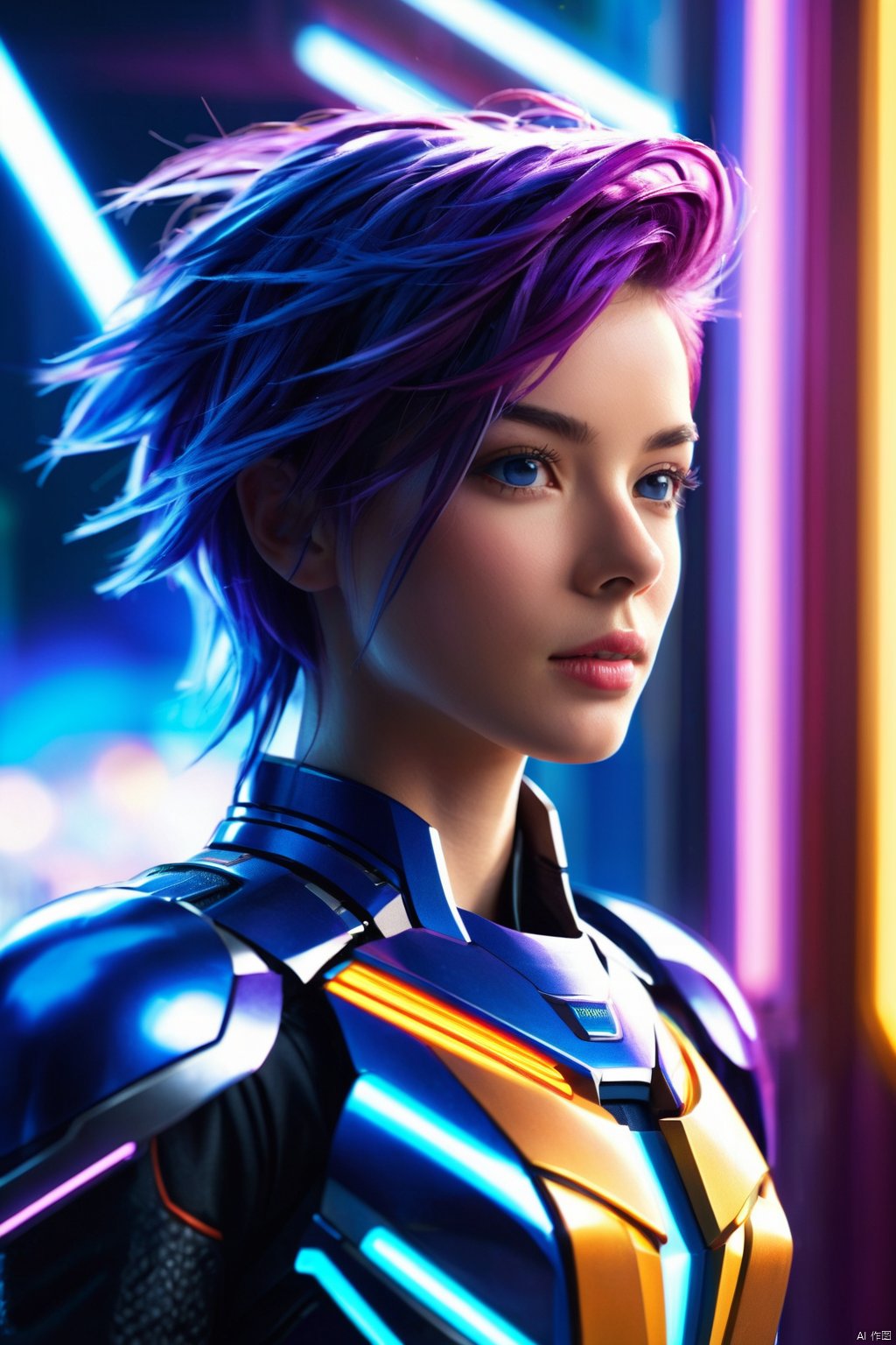 cinematic photo AND  Hyperrealistic art,  a woman in a blue costume with purple hair and blue eyes, alternate hairstyle, bisexual lighting, still from alita, blue and purple lighting, super saiyan sonic movie poster, official concept art, official artwork hdr, cool purple lighting, epic cold blue lighting, concept art for movie, big glowing netflix logo behind, purple lightning, movie still of robot goku, movie concept art . 35mm photograph, film, bokeh, professional, 4k, highly detailed