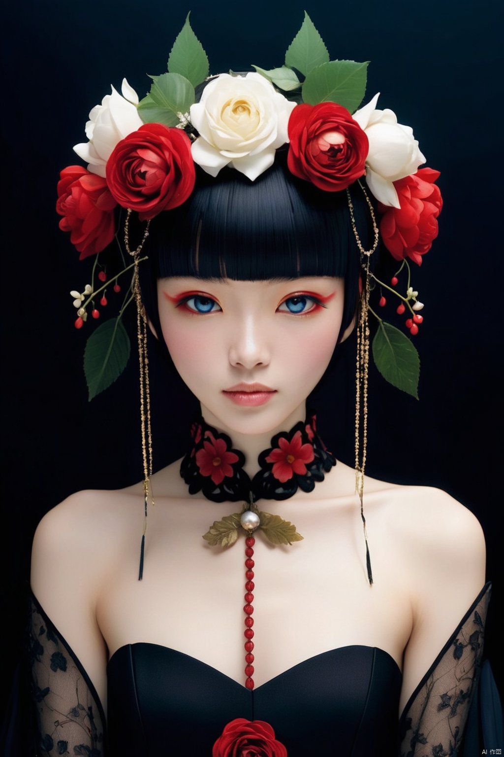 cinematic photo anime artwork anime artwork cinematic photo Gothic style.Hyperrealistic art a woman in a black dress and a flower crown, japanese gothic, takato yamamoto aesthetic, by Rysei Kishida, by Otake Chikuha, eiko ishioka, serge lutens, by Yuko Tatsushima, hana yata, by Yuki Ogura, natalie shau, by Kan Sanraku . Extremely high-resolution details, photographic, realism pushed to extreme, fine texture, incredibly lifelike . 35mm photograph, film, bokeh, professional, 4k, highly detailed . anime style, key visual, vibrant, studio anime,  highly detailed, white rose . anime style, key visual, vibrant, studio anime,  highly detailed . 35mm photograph, film, bokeh, professional, 4k, highly detailed