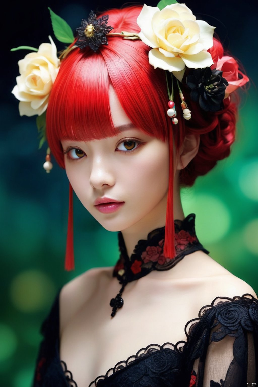 cinematic photo anime artwork anime artwork cinematic photo Gothic style.Hyperrealistic art a woman in a black dress and a flower crown, japanese gothic, takato yamamoto aesthetic, by Rysei Kishida, by Otake Chikuha, eiko ishioka, serge lutens, by Yuko Tatsushima, hana yata, by Yuki Ogura, natalie shau, by Kan Sanraku . Extremely high-resolution details, photographic, realism pushed to extreme, fine texture, incredibly lifelike . 35mm photograph, film, bokeh, professional, 4k, highly detailed . anime style, key visual, vibrant, studio anime,  highly detailed, white rose . anime style, key visual, vibrant, studio anime,  highly detailed . 35mm photograph, film, bokeh, professional, 4k, highly detailed