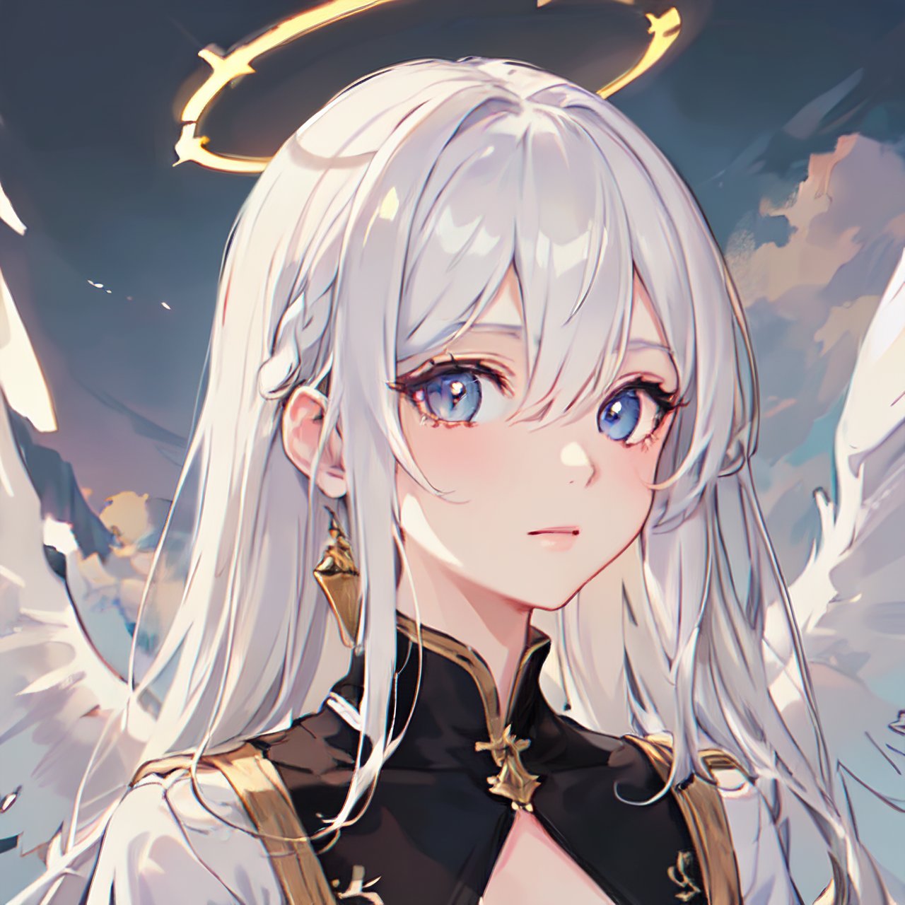 (masterpiece, best quality,) (ultra-detailed), (Detailed eye description:1.2), (finely detailed beautiful eyes: 1.2), illustration,heaven background, 1girl, white hair, golden eyes, long hair, halo, angel wings, serene expression, looking at viewer