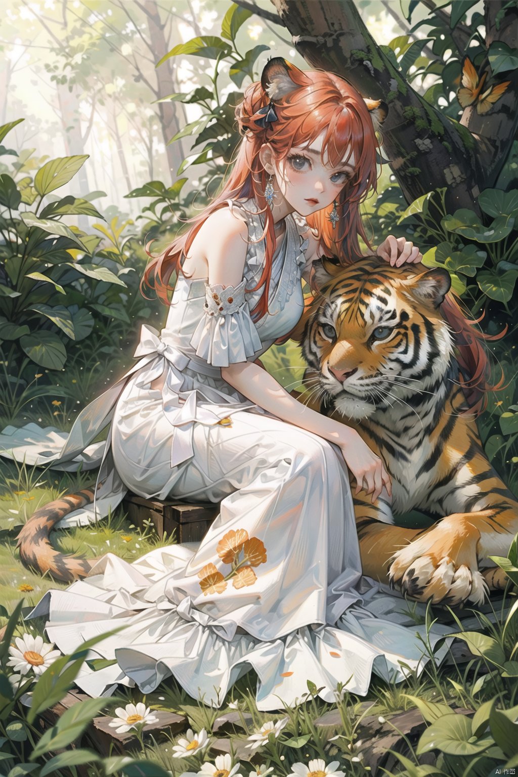  oil painting style, best quality, detailed face, full figure, a half-hybrid girl with a tiger, she has ears like a tiger and a tail like a tiger , the rest of her body is human, she has beautiful red hair, a beautiful symmetrical face with an innocent cut, she is in the forest, she has beautiful black eyes, wearing a floral print white saree dress, she is with other animals symmetrical, vibrant, style artwork, highly detailed CG, 8k wallpaper, beautiful face, full scene, full body shape