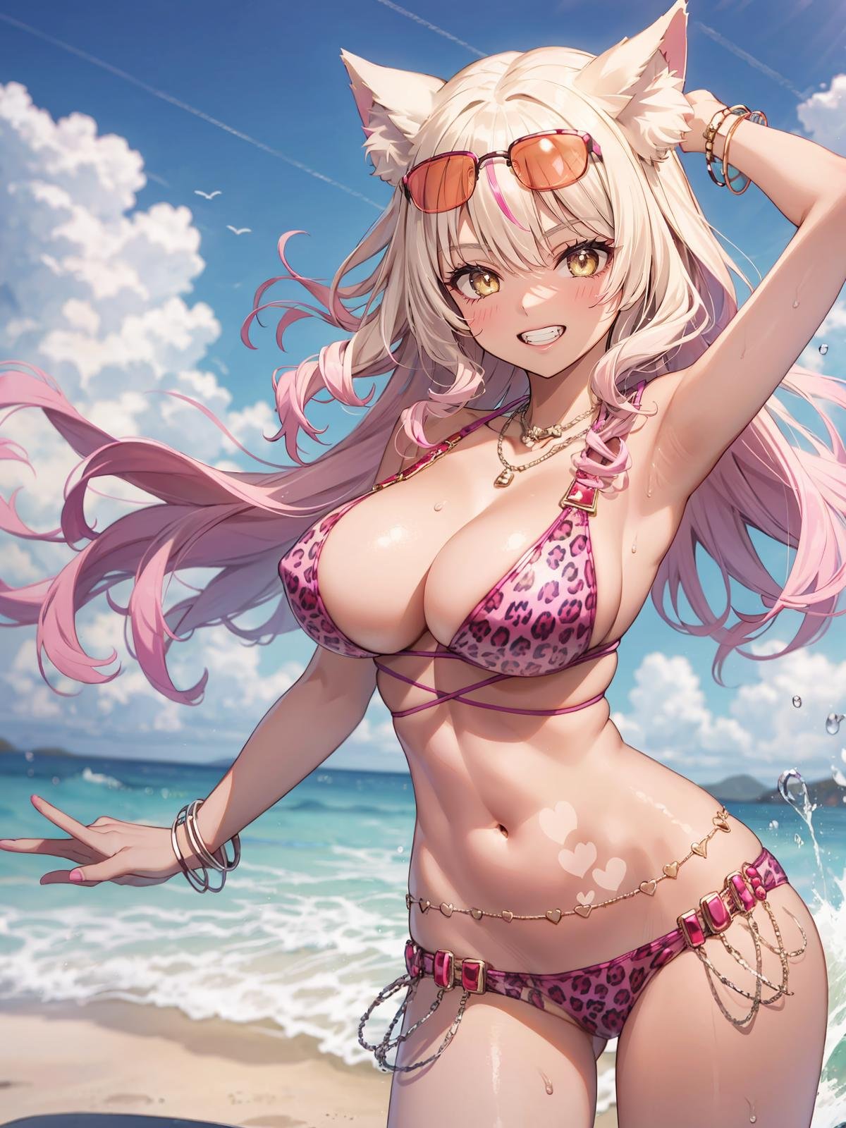 (extremely detailed CG, best quality:1.1), 1girl, perfect face, bright pupils, (finely detailed beautiful eyes:1.1), yellow eyes, shiny skin, lustrous skin, wide hips, narrow waist, large breasts, long hair, animal ears, animal ear fluff, fox girl, swimsuit, bikini, animal print, leopard print, jewelry, dark skin, gyaru, tan, sunglasses, eyewear on head, multicolored hair, gradient hair, blonde hair, pink hair, fox tail, belly chain, bracelet, necklace, heart, beach, grin,  arms up, hands on hair, floating hair, <lora:SuzukaGozenSwimsuit:0.7>