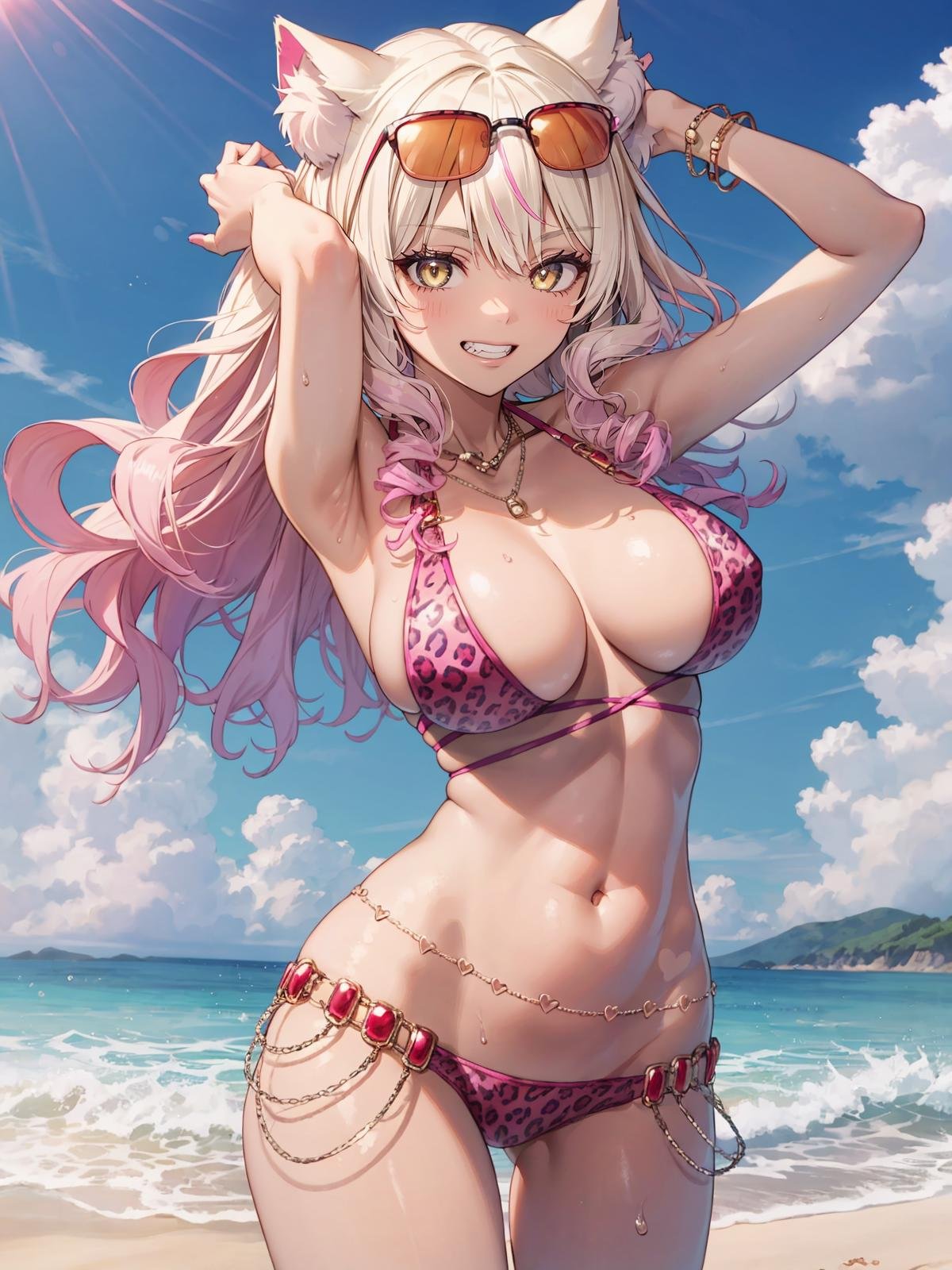 (extremely detailed CG, best quality:1.1), 1girl, perfect face, bright pupils, (finely detailed beautiful eyes:1.1), yellow eyes, shiny skin, lustrous skin, wide hips, narrow waist, large breasts, long hair, animal ears, animal ear fluff, fox girl, swimsuit, bikini, animal print, leopard print, jewelry, dark skin, gyaru, tan, sunglasses, eyewear on head, multicolored hair, gradient hair, blonde hair, pink hair, fox tail, belly chain, bracelet, necklace, heart, beach, grin,  arms up, hands on hair, floating hair, <lora:SuzukaGozenSwimsuit:0.7>