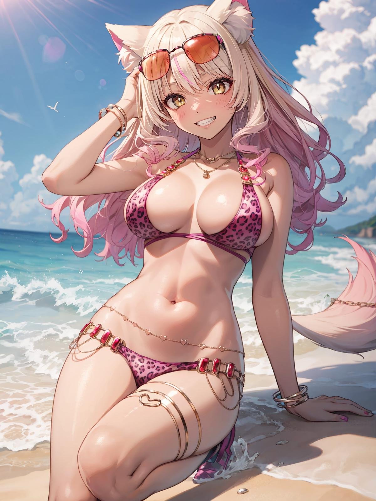 (extremely detailed CG, best quality:1.1), 1girl, perfect face, bright pupils, (finely detailed beautiful eyes:1.1), yellow eyes, shiny skin, lustrous skin, wide hips, narrow waist, large breasts, long hair, animal ears, animal ear fluff, fox girl, swimsuit, bikini, animal print, leopard print, jewelry, dark skin, gyaru, tan, sunglasses, eyewear on head, multicolored hair, gradient hair, blonde hair, pink hair, fox tail, belly chain, bracelet, necklace, heart, beach, grin,  <lora:SuzukaGozenSwimsuit:0.7>