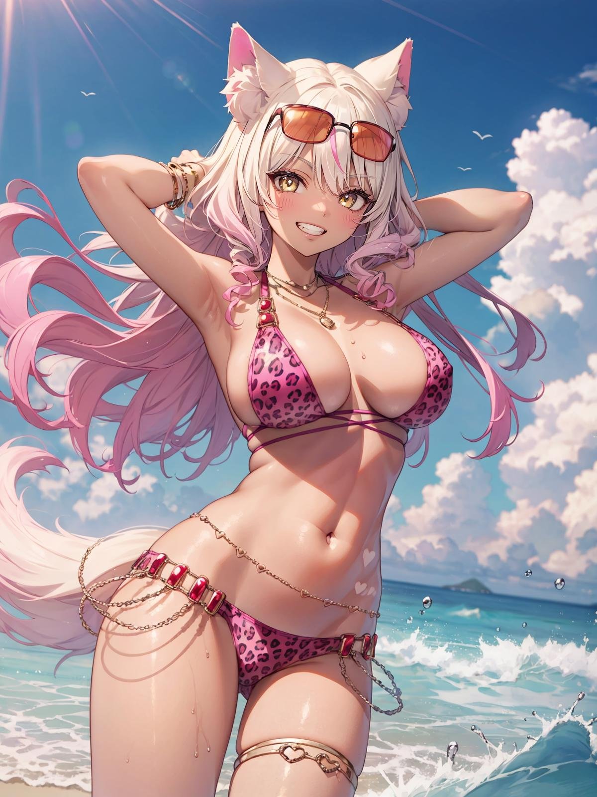 (extremely detailed CG, best quality:1.1), 1girl, perfect face, bright pupils, (finely detailed beautiful eyes:1.1), yellow eyes, shiny skin, lustrous skin, wide hips, narrow waist, large breasts, long hair, animal ears, animal ear fluff, fox girl, swimsuit, bikini, animal print, leopard print, jewelry, dark skin, gyaru, tan, sunglasses, eyewear on head, multicolored hair, gradient hair, blonde hair, pink hair, fox tail, belly chain, bracelet, necklace, heart, beach, grin,  arms up, hands on hair, floating hair, <lora:SuzukaGozenSwimsuit:0.7>