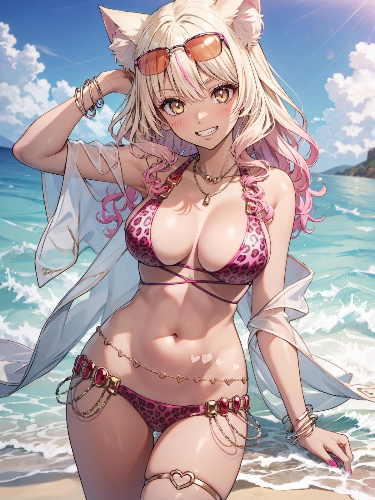 (extremely detailed CG, best quality:1.1), 1girl, perfect face, bright pupils, (finely detailed beautiful eyes:1.1), yellow eyes, shiny skin, lustrous skin, wide hips, narrow waist, long hair, animal ears, animal ear fluff, fox girl, swimsuit, bikini, animal print, leopard print, jewelry, dark skin, gyaru, tan, sunglasses, eyewear on head, multicolored hair, gradient hair, blonde hair, pink hair, fox tail, belly chain, bracelet, necklace, heart, beach, grin,  <lora:SuzukaGozenSwimsuit:0.7>