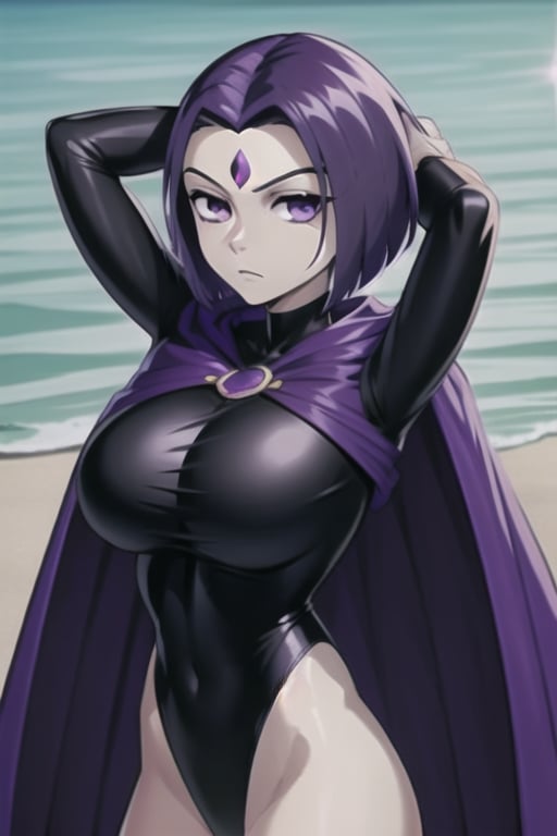 ravenlora, grey skin, cape, black leotard, highleg leotard, forehead jewel, short hair, purple hair, large breasts, long sleeves, beach, hands behind head, arms up, day