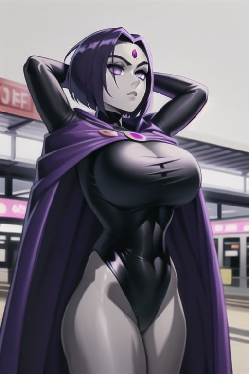 ravenlora, grey skin, cape, black leotard, highleg leotard, forehead jewel, short hair, purple hair, large breasts, long sleeves, train station, arms up, hands behind head